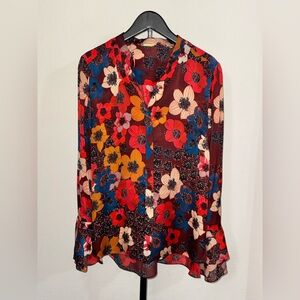 Elie Tahari Burgundy Floral V-Neck Blouse with Red, Blue & Yellow Accents